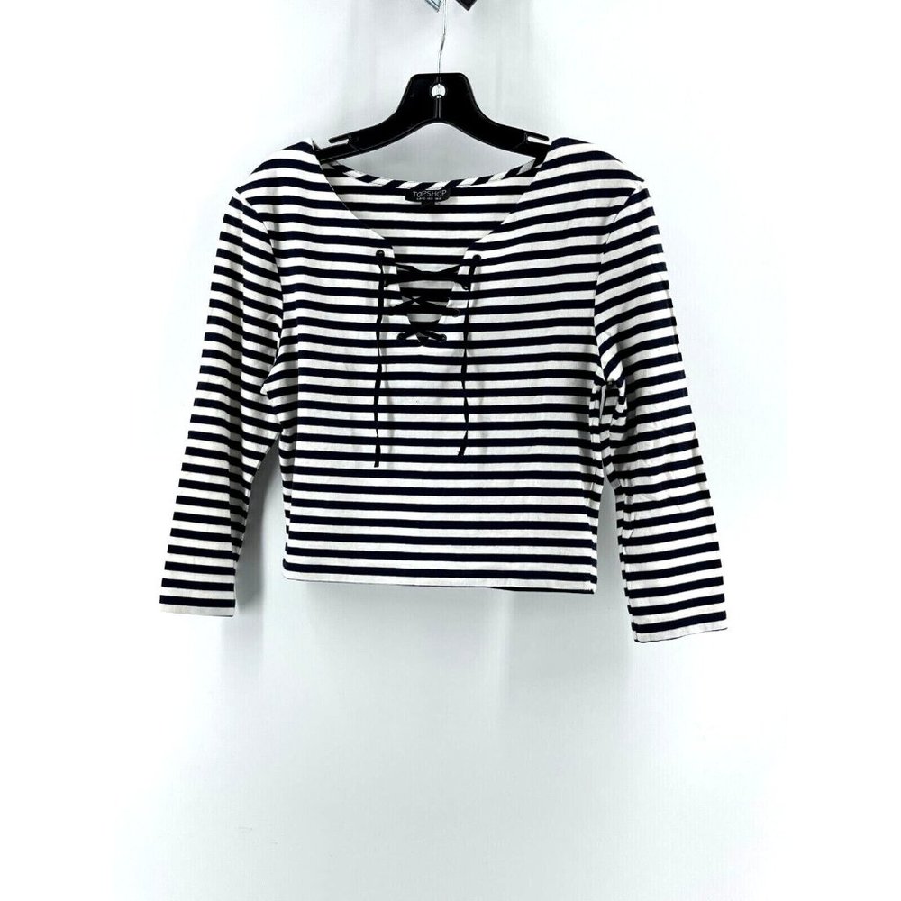 Top Shop Women's Long Sleeve White Blue Striped Crop Shirt Laced V Neck Size 8